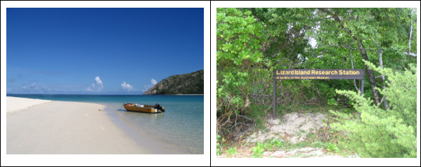 Images of a sandy beach with a boat anchored at the shore and a second image of a sign in front of a rainforest reading 'Lizard Island Research Station'