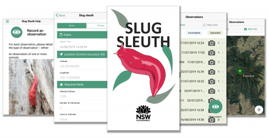 Screenshots from the Slug Sleuth app
